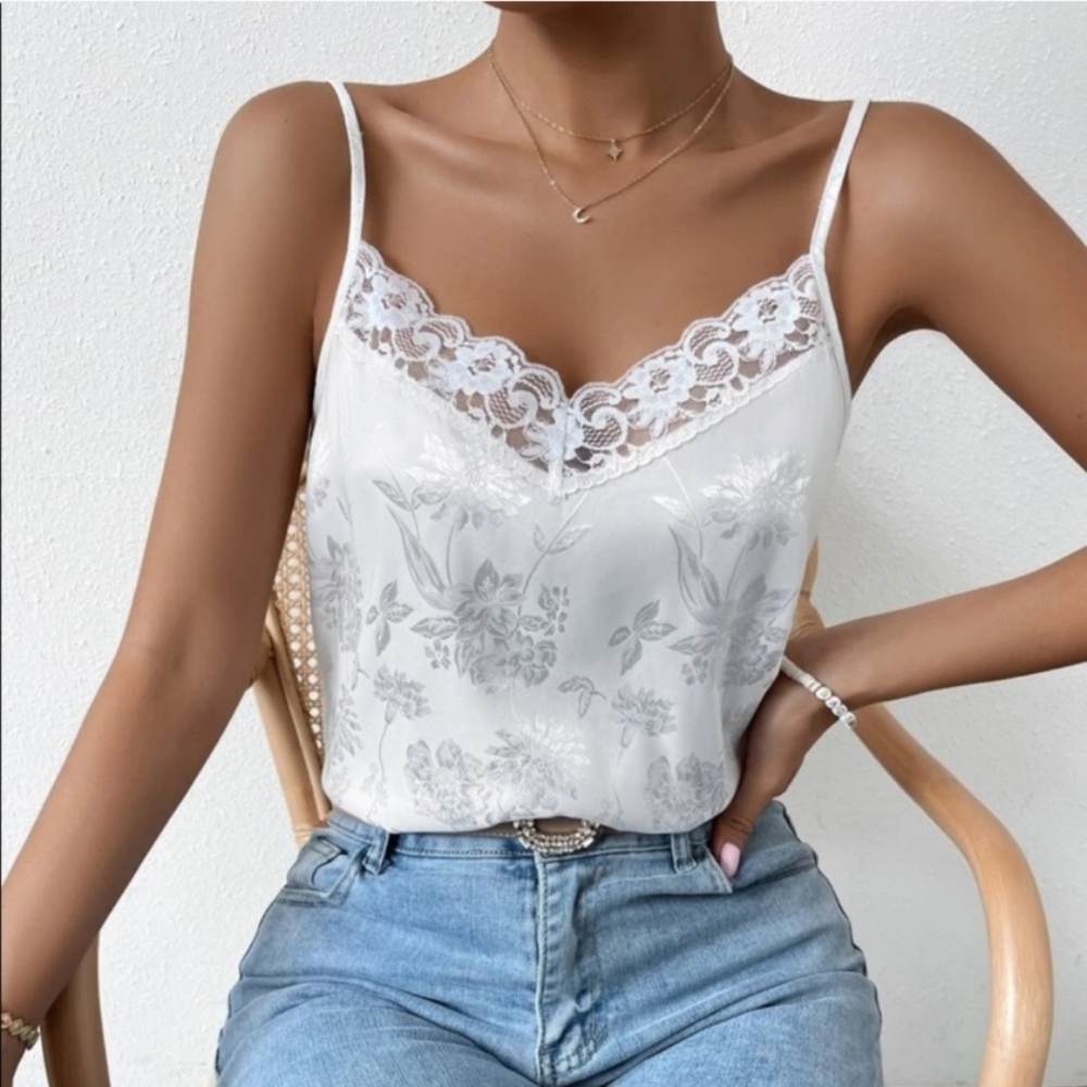 Floral Jacquard Contrast Lace Satin Cami Blouse